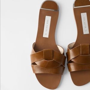 Zara Basic Brown Crossed Leather Sandals Size 40